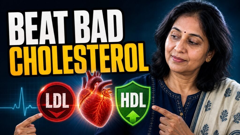 Indian woman comparing LDL and HDL heart-health symbols