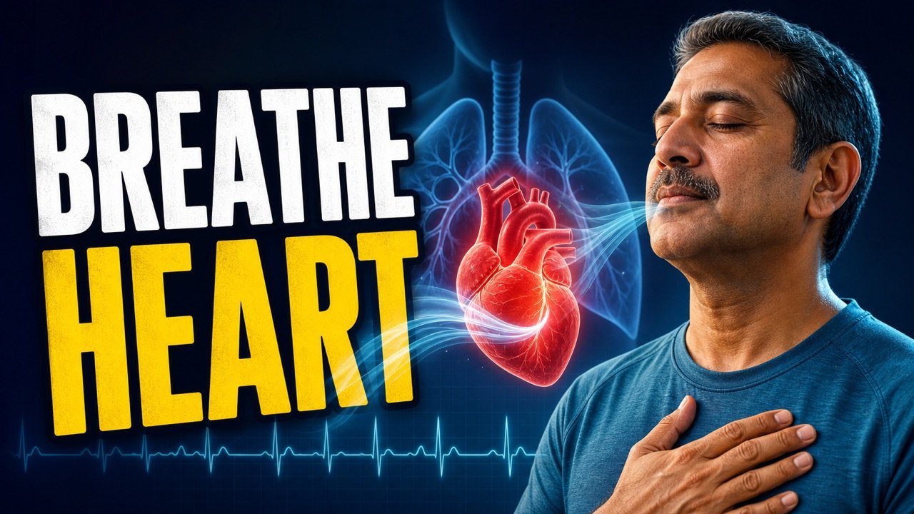 Indian man practicing calm breathing with a heart and lungs visual