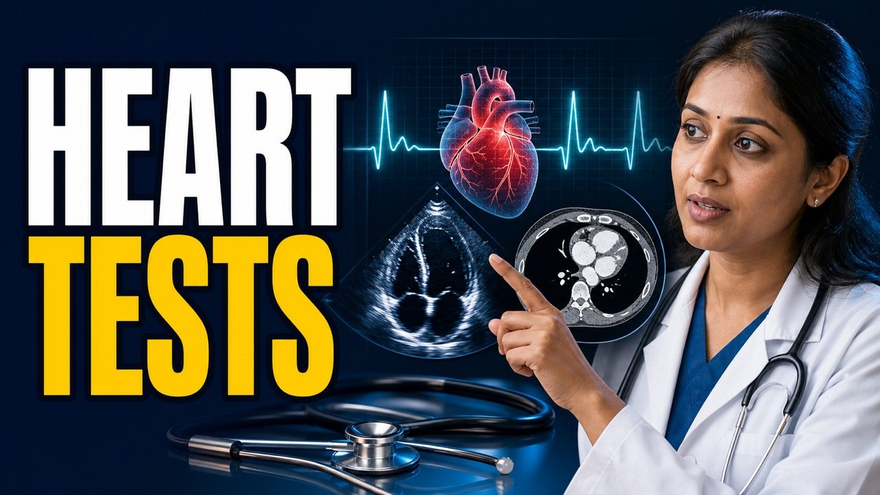 Indian clinician explaining ECG, echo and CT heart tests