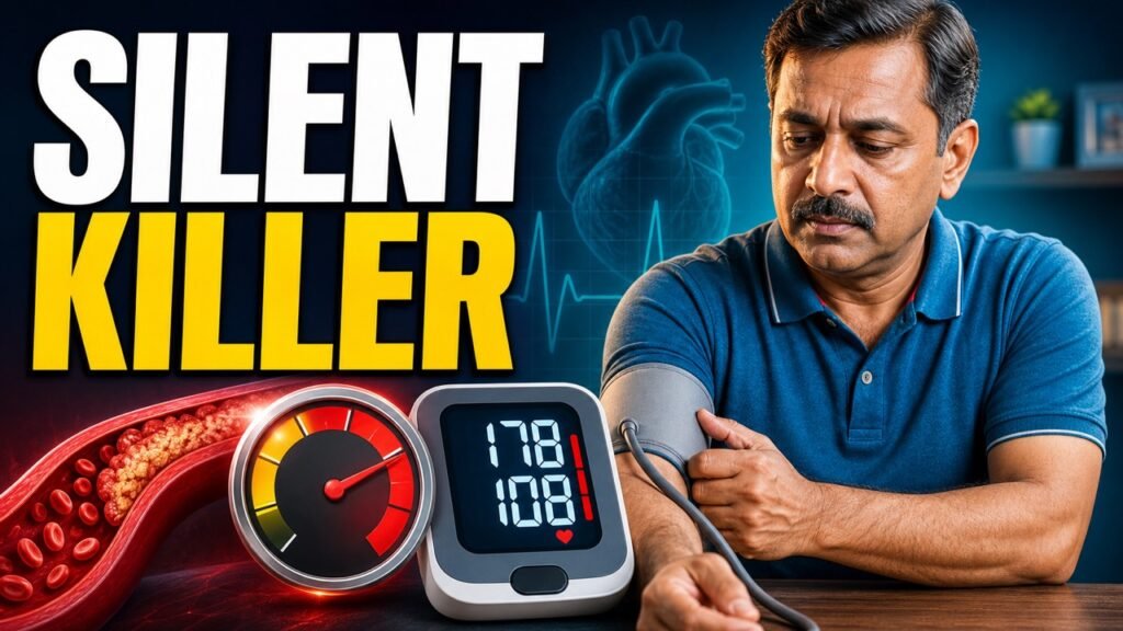 Indian man checking high blood pressure with a home monitor
