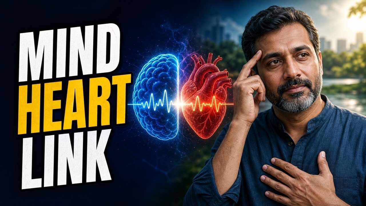 Indian man showing the connection between stress, brain and heart