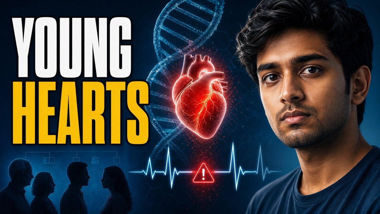 Young Indian adult with a heart and DNA genetics warning