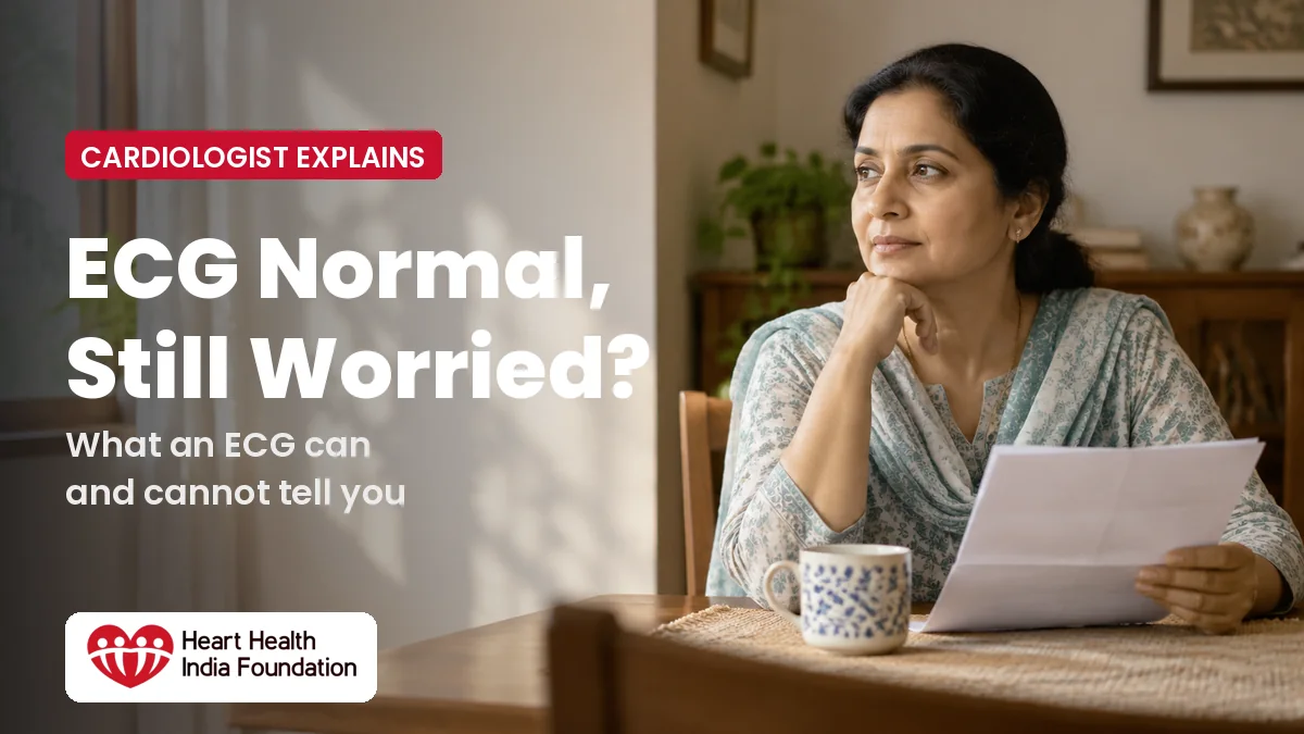 Normal ECG, still worried? An Indian woman sits at her dining table at home holding a folded paper report, looking thoughtful, with text: what an ECG can and cannot tell you, cardiologist explains