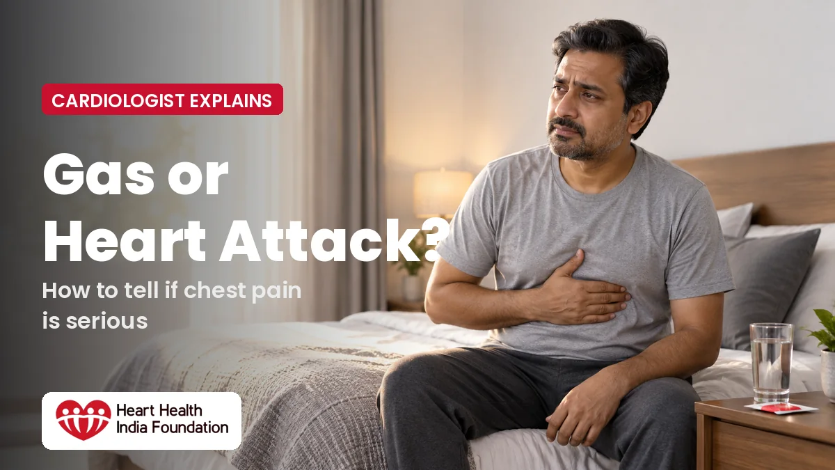 Gas or heart attack? A man sits on his bed holding his chest, with text: how to tell if chest pain is serious, cardiologist explains