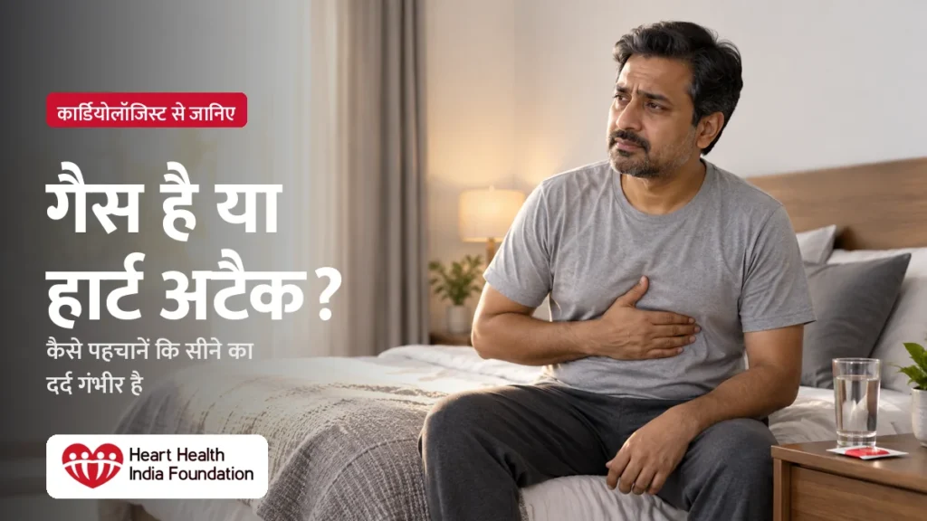 गैस है या हार्ट अटैक? सीने पर हाथ रखे बिस्तर पर बैठा व्यक्ति, साथ में लिखा है: कैसे पहचानें कि सीने का दर्द गंभीर है
