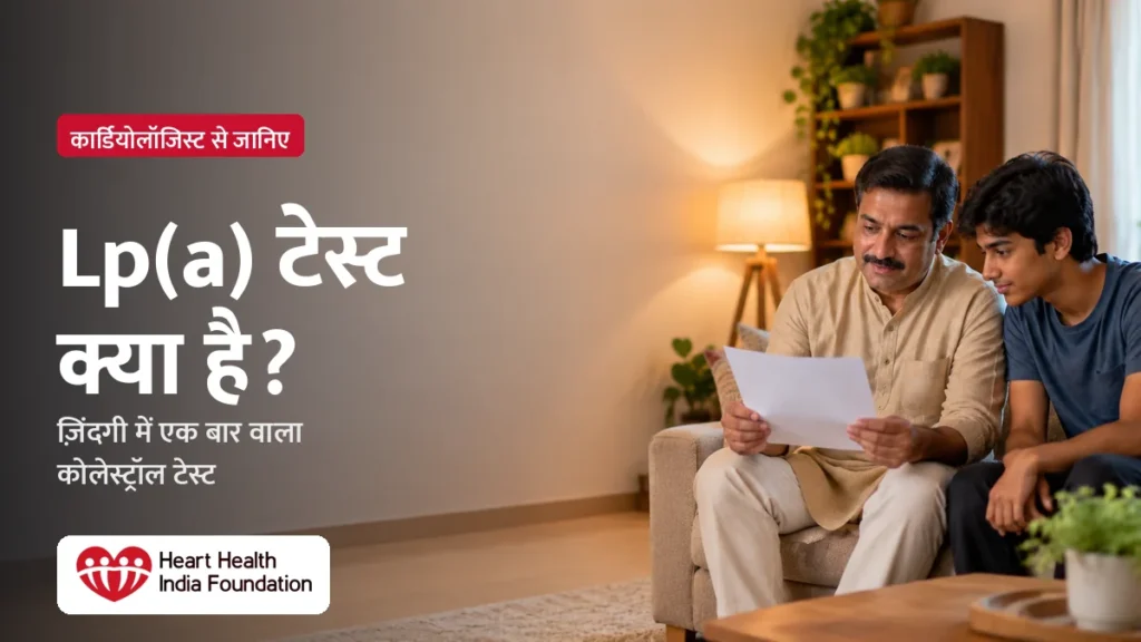 Lp(a) टेस्ट क्या है? घर में सोफ़े पर बैठे एक भारतीय पिता और उनका किशोर बेटा एक छपी हुई लैब रिपोर्ट देख रहे हैं, साथ में लिखा है: ज़िंदगी में एक बार वाला कोलेस्ट्रॉल टेस्ट, कार्डियोलॉजिस्ट से जानिए